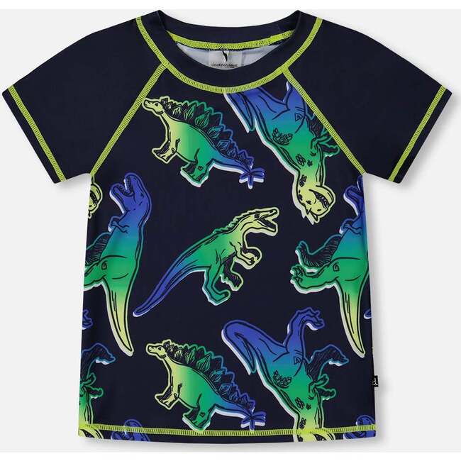 Short Sleeve Rashguard, Blue And Green Dino On Navy