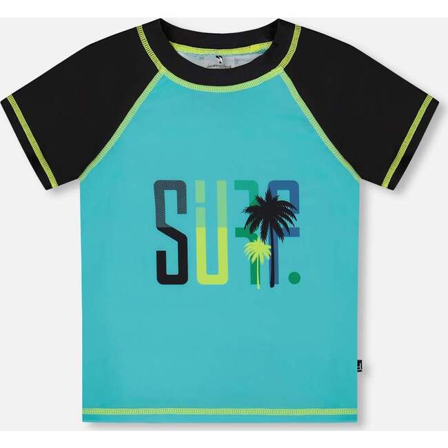 Short Sleeve Rashguard, Black And Turquoise