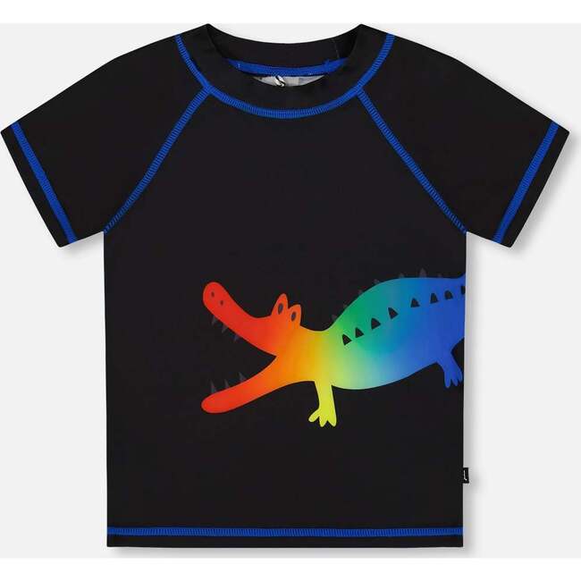 Short Sleeve Rashguard, Black And Multicolored Crocodile