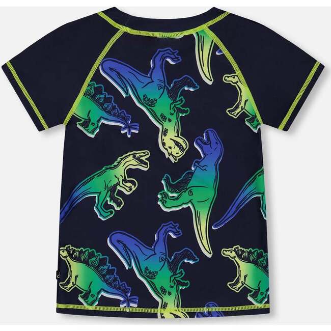 Short Sleeve Rashguard, Blue And Green Dino On Navy - Rash Guards - 4