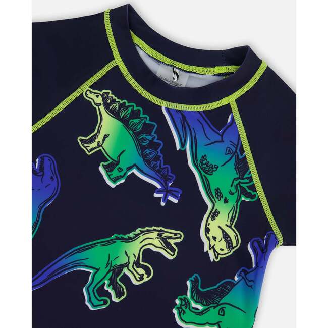 Short Sleeve Rashguard, Blue And Green Dino On Navy - Rash Guards - 5