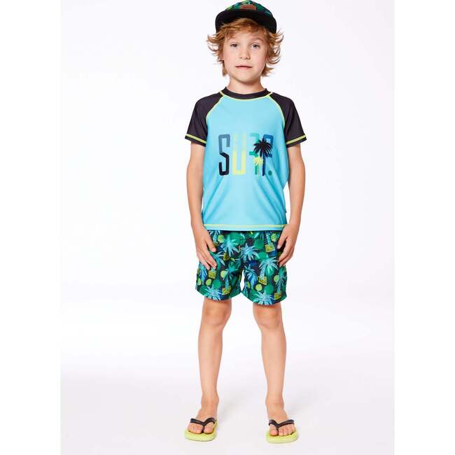 Short Sleeve Rashguard, Black And Turquoise - Rash Guards - 3