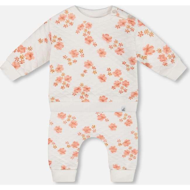 Quilted Top And Pant Set, White And Pink Flowers