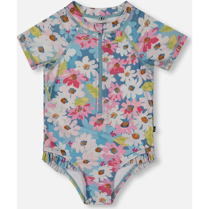 Short Sleeve One-Piece Swimsuit With Frills, White, Pink, And Green Flowers - One Pieces - 1
