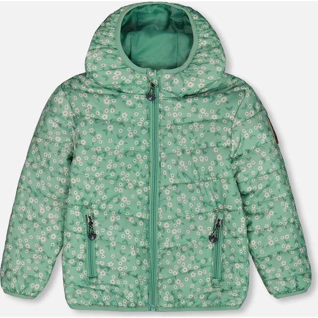 Quilted Mid-Season Jacket, Small White Flowers On Sage Green Background