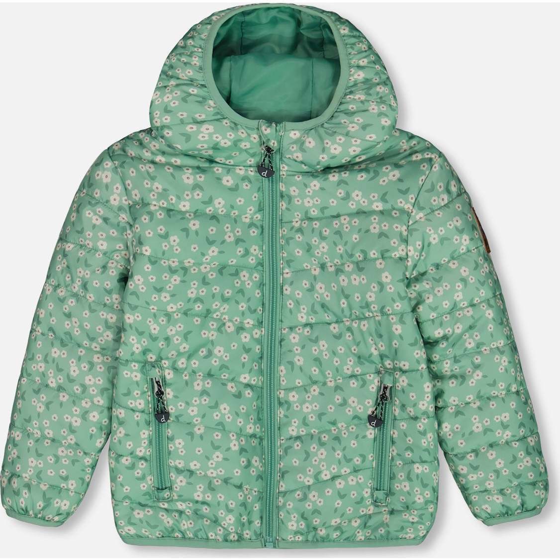 Quilted Mid-Season Jacket, Small White Flowers On Sage Green Background - Jackets - 1