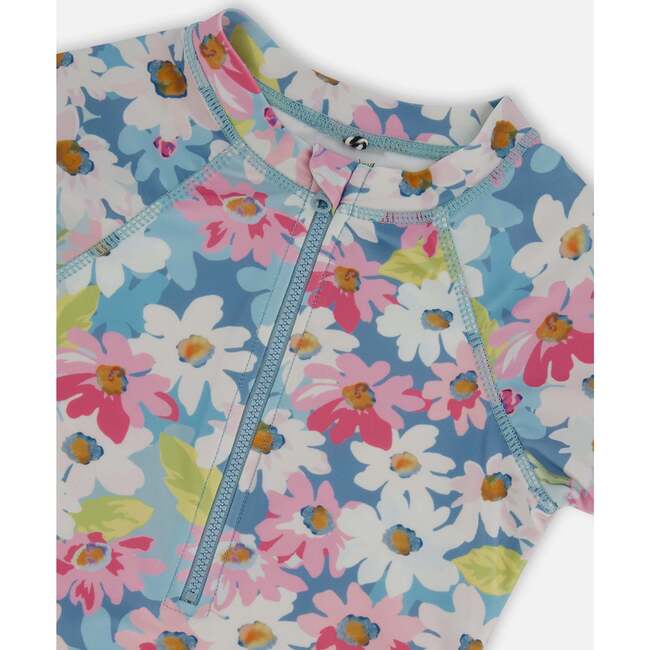 Short Sleeve One-Piece Swimsuit With Frills, White, Pink, And Green Flowers - One Pieces - 5