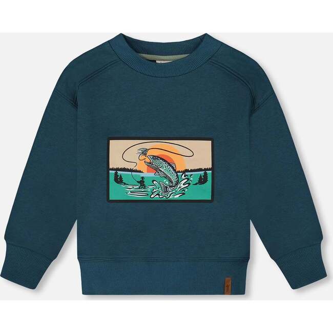 Pullover French Terry Graphic Sweatshirt, Teal And Peach