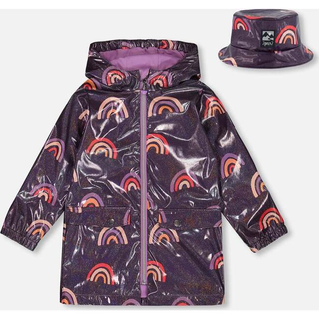 Printed Rain Coat With Hat Rainbow, Rainbow On Shiny Background