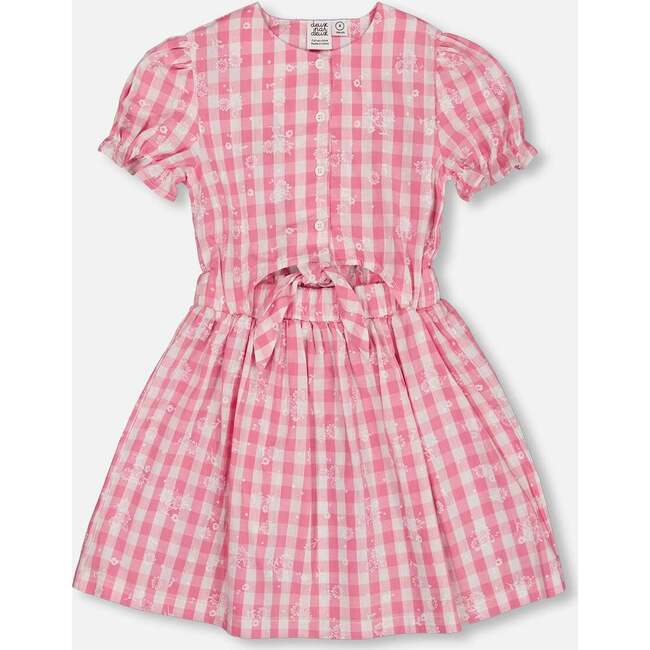 Puff Sleeve Dress With Waist Tie, Pink And White Checks