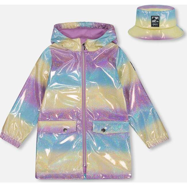 Printed Rain Coat With Hat, Mauve, Blue, And Yellow Glitter Gradient