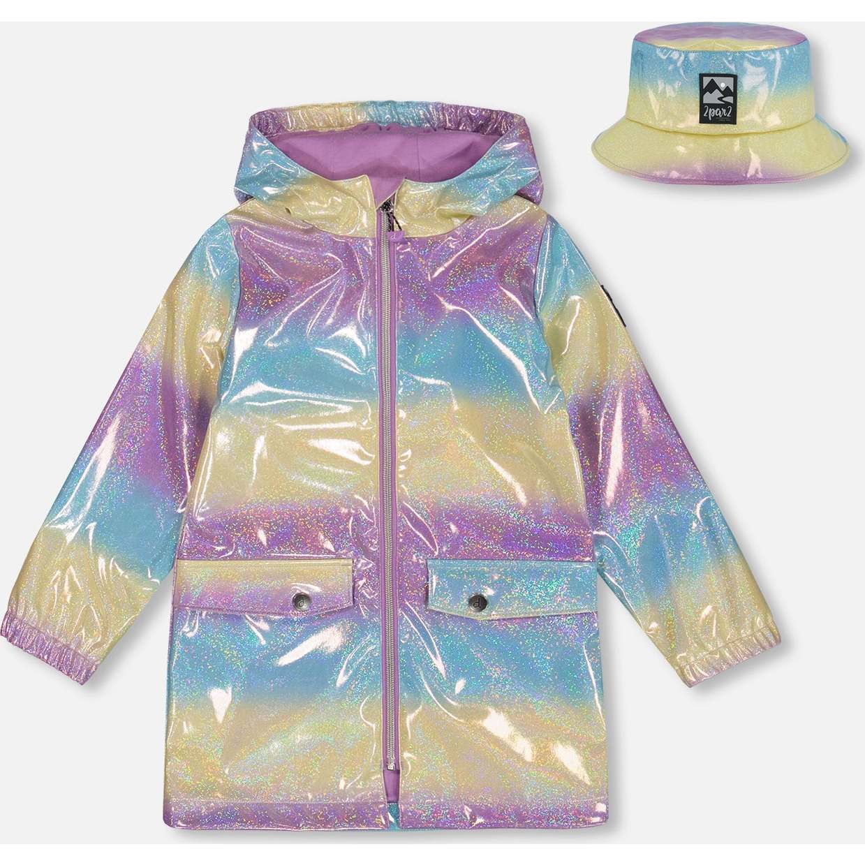 Printed Rain Coat With Hat, Mauve, Blue, And Yellow Glitter Gradient - Jackets - 1