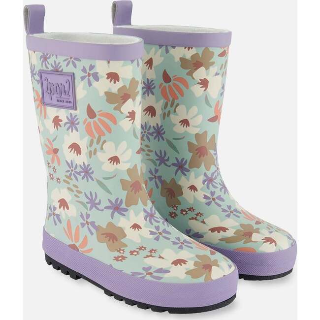 Printed Rain Boots, Small White Flowers On Turquoise And Lilac