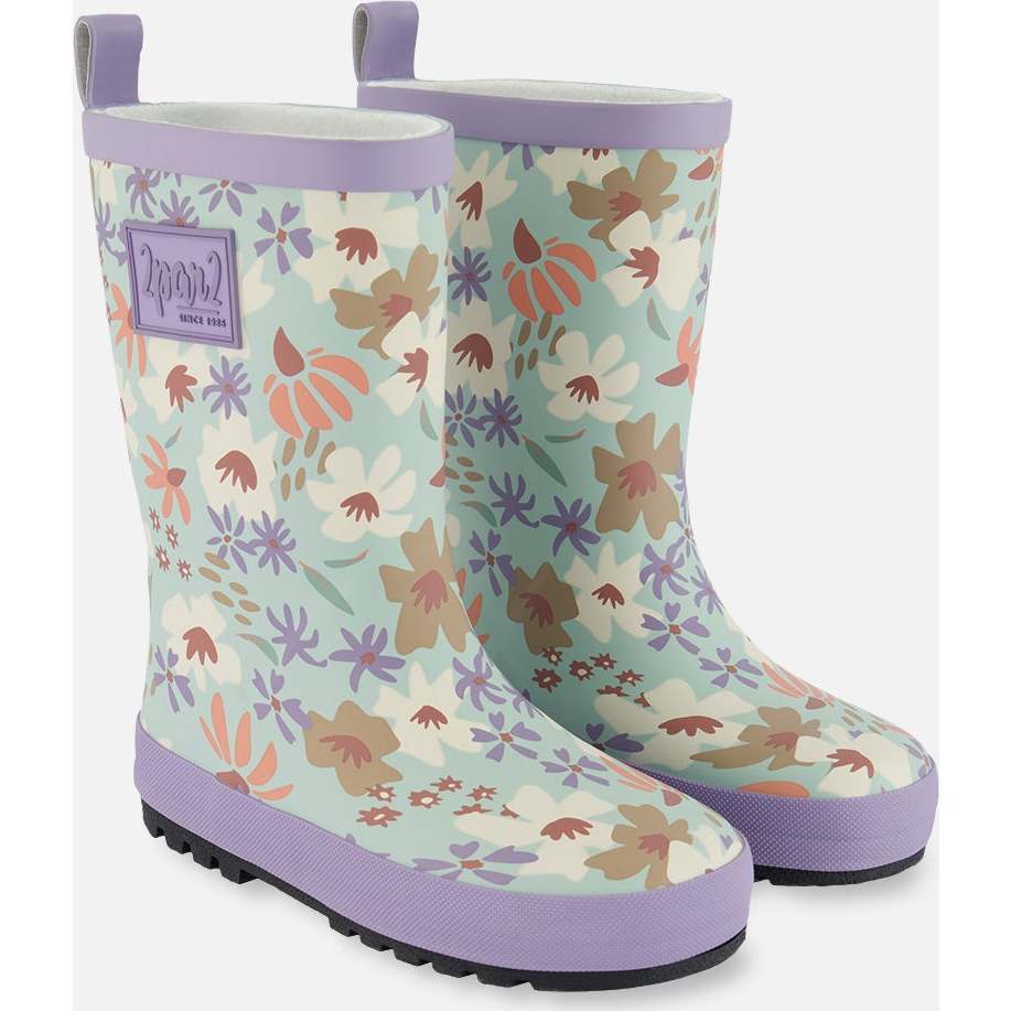 Printed Rain Boots, Small White Flowers On Turquoise And Lilac - Rain Boots - 1