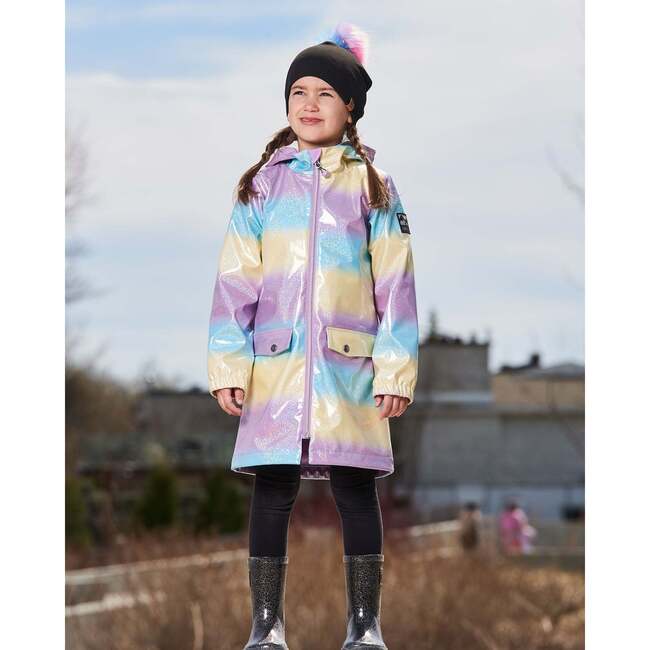 Printed Rain Coat With Hat, Mauve, Blue, And Yellow Glitter Gradient - Jackets - 3