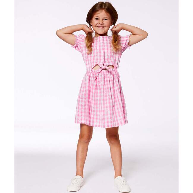 Puff Sleeve Dress With Waist Tie, Pink And White Checks - Dresses - 4