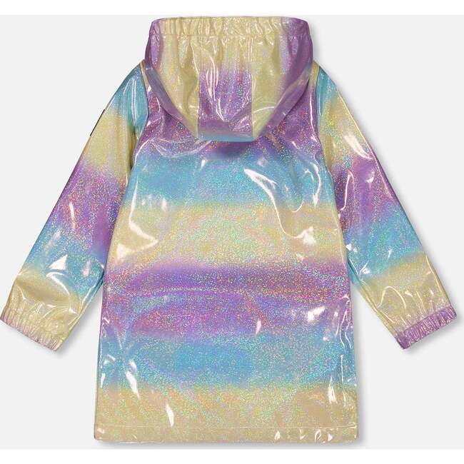 Printed Rain Coat With Hat, Mauve, Blue, And Yellow Glitter Gradient - Jackets - 4