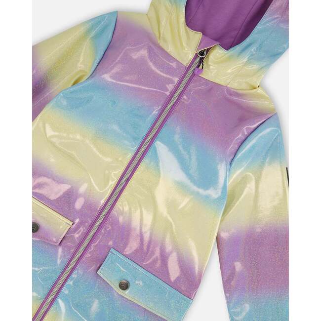 Printed Rain Coat With Hat, Mauve, Blue, And Yellow Glitter Gradient - Jackets - 5