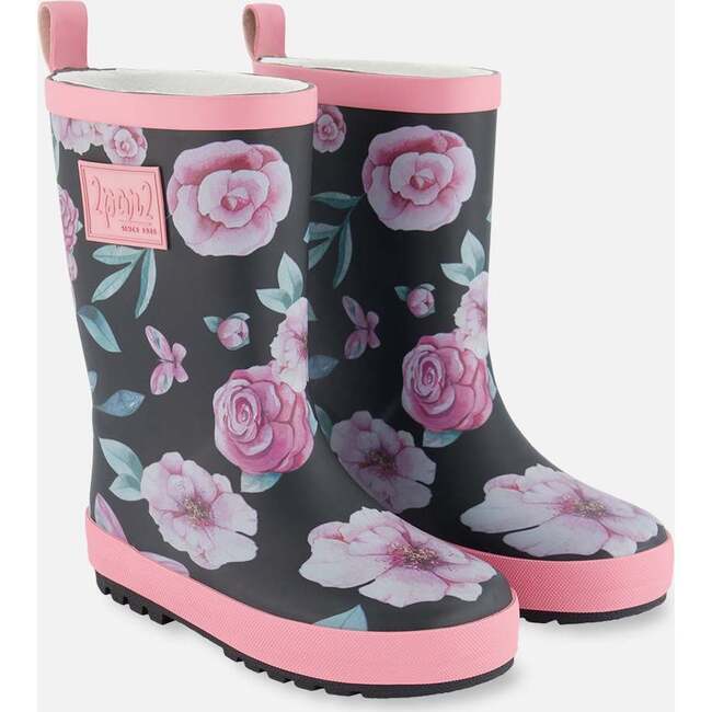 Printed Rain Boots, Pink, Black, And Flowers