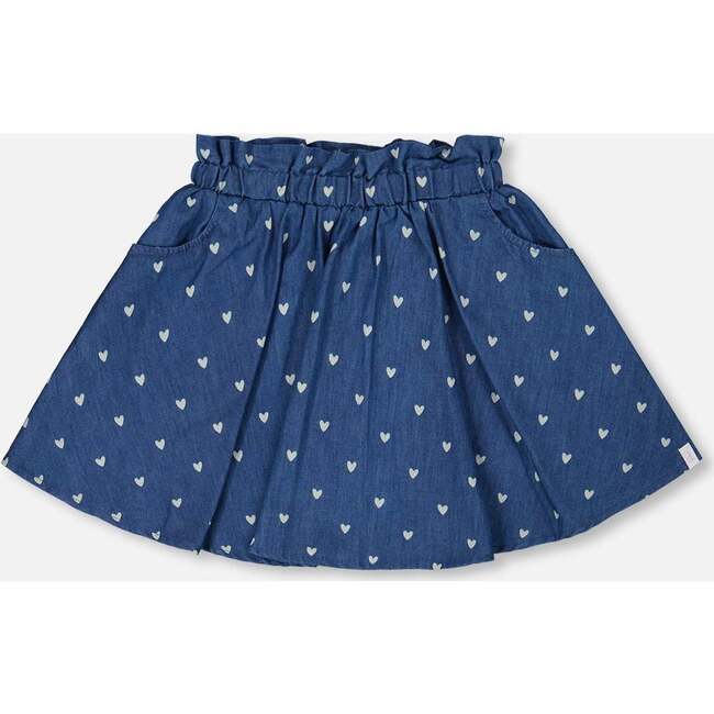 Printed Chambray Skort, Navy Blue And White Hearts