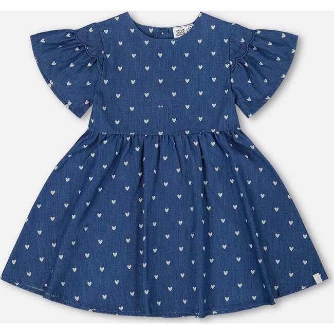 Printed Chambray Dress, Navy Blue And White Hearts