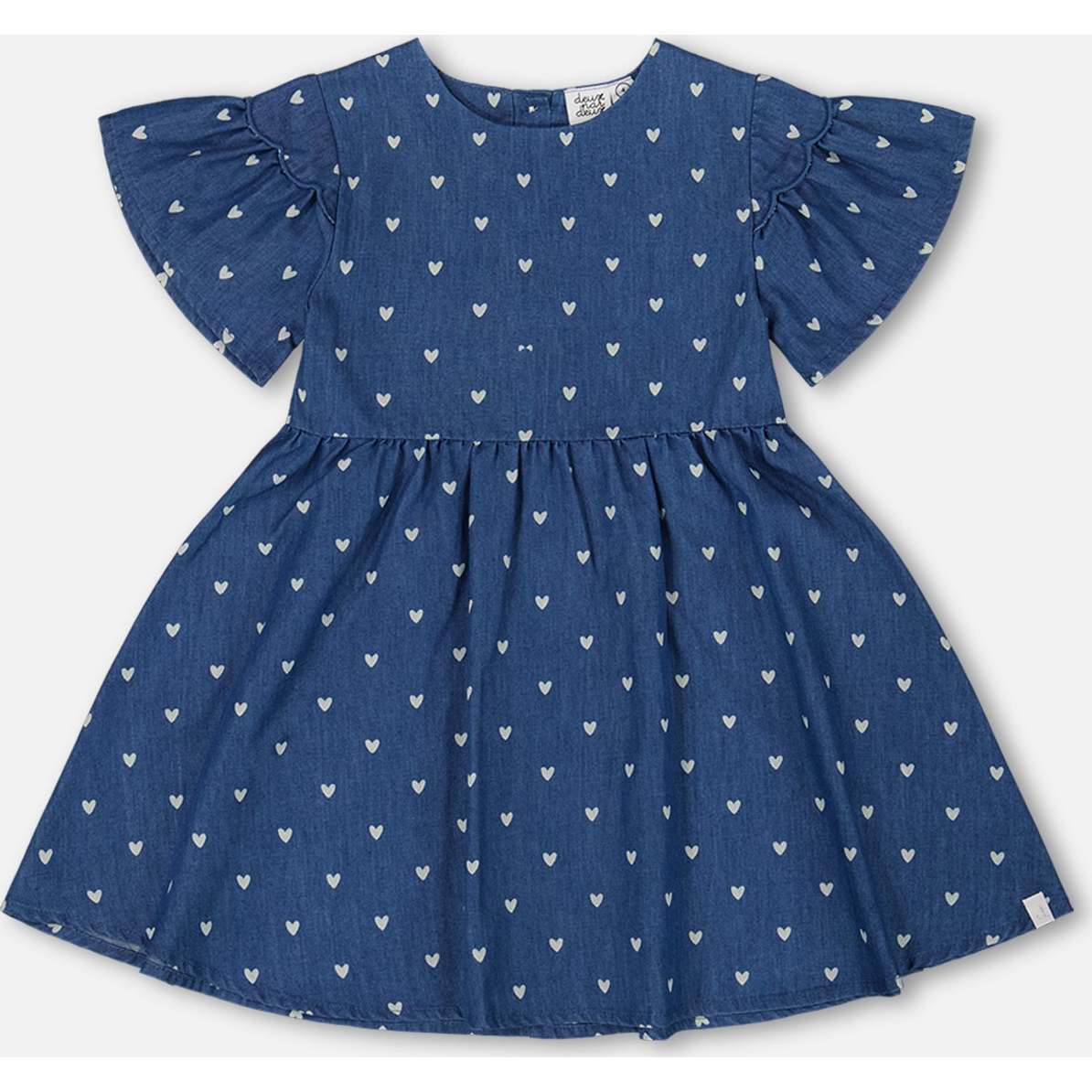 Printed Chambray Dress, Navy Blue And White Hearts - Dresses - 1