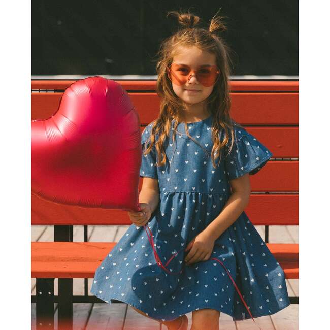 Printed Chambray Dress, Navy Blue And White Hearts - Dresses - 2