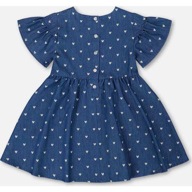 Printed Chambray Dress, Navy Blue And White Hearts - Dresses - 4