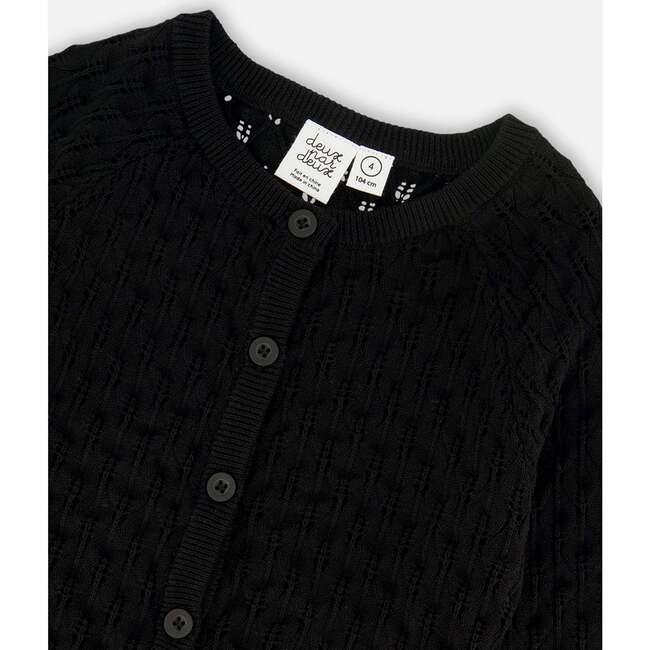 Pointelle Knit Cardigan Sweater, Black - Cardigans - 4