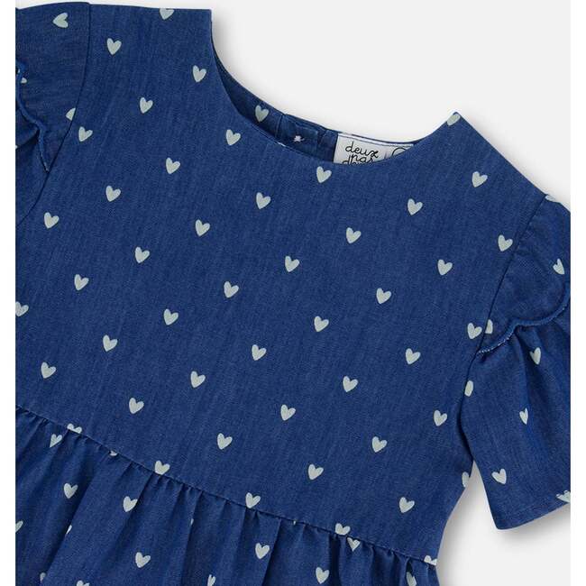 Printed Chambray Dress, Navy Blue And White Hearts - Dresses - 5