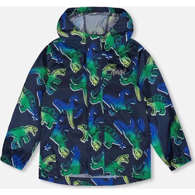 Packable Windbreaker, Blue And Green Dino On Navy