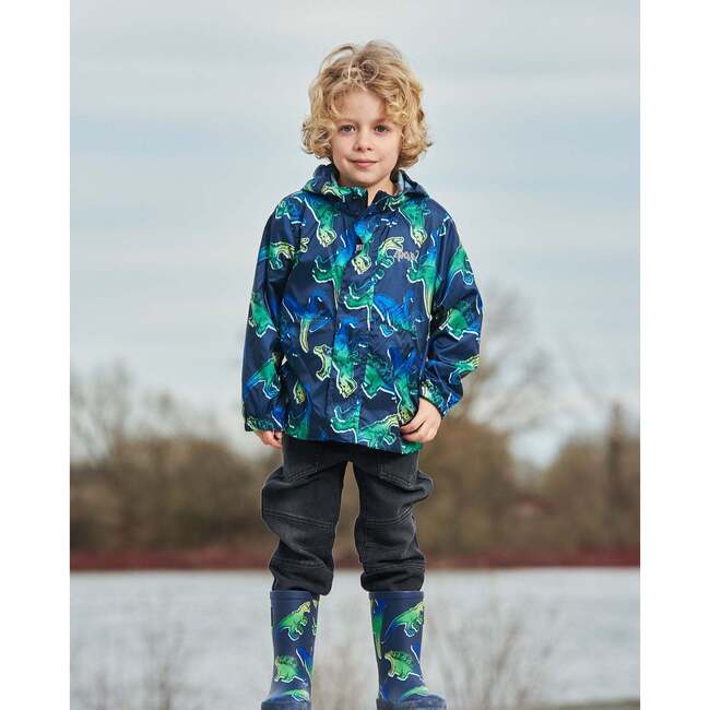 Packable Windbreaker, Blue And Green Dino On Navy - Jackets - 2