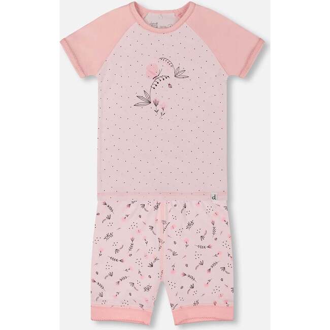 Organic Cotton Two-Piece Short Pajama Set, Small Pink Flowers On Pale Pink Background