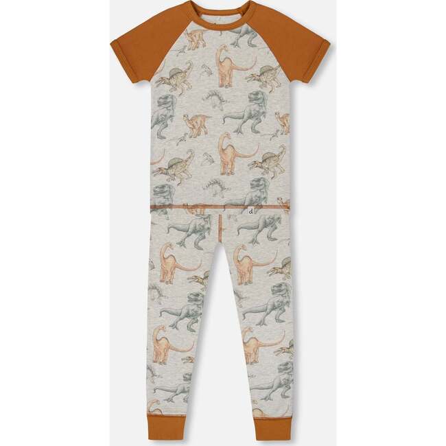 Organic Cotton Two-Piece Short Sleeve Top And Pant Pajama Set, Dinosaur On Mottled And Tan Background