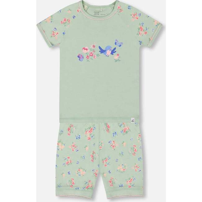 Organic Cotton Two-Piece Short Pajama Set, Small Pink And Blue Flowers On Light Sage - Pajamas - 1