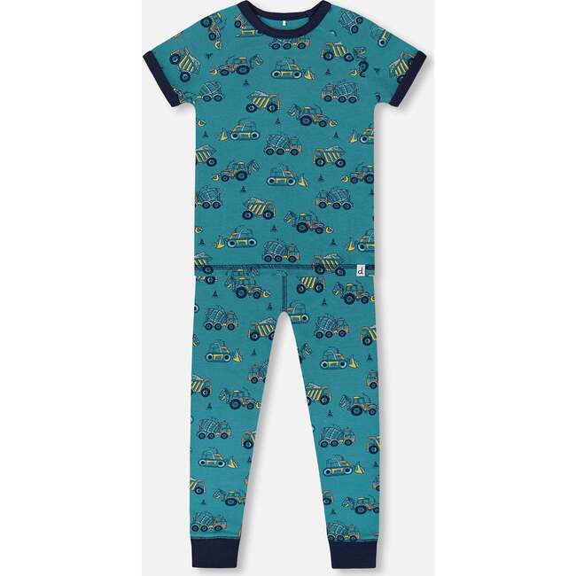 Organic Cotton Two-Piece Short Sleeve Top And Pant Pajama Set, Teal With Yellow Truck - Pajamas - 1