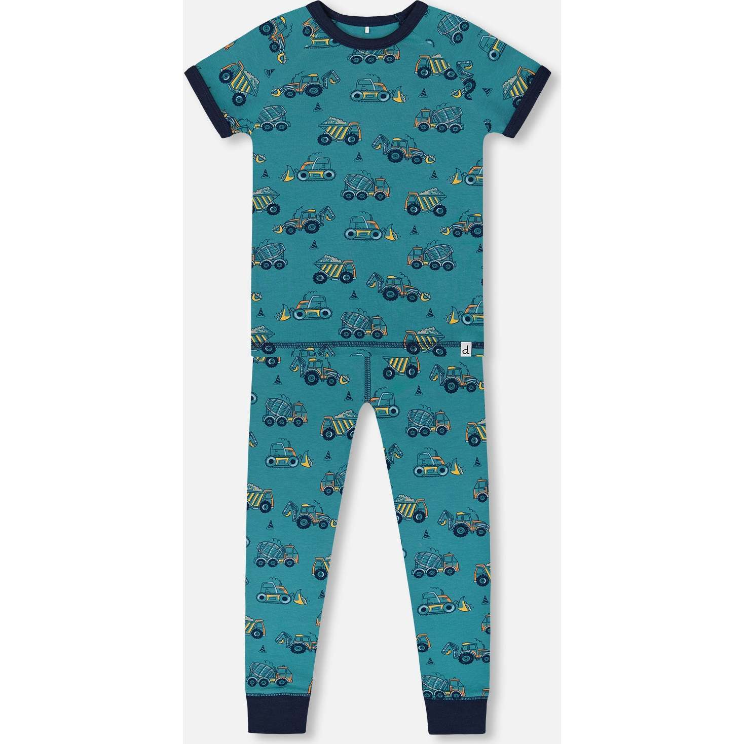 Organic Cotton Two-Piece Short Sleeve Top And Pant Pajama Set Teal With Yellow Truck Organic Cotton Two-Piece Short Sleeve Top And Pant Pajama Set Teal With Yellow Truck