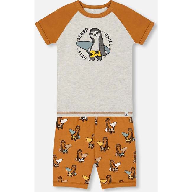 Organic Cotton Two-Piece Short Pajama Set, Sloths On Tan And Mottled Background