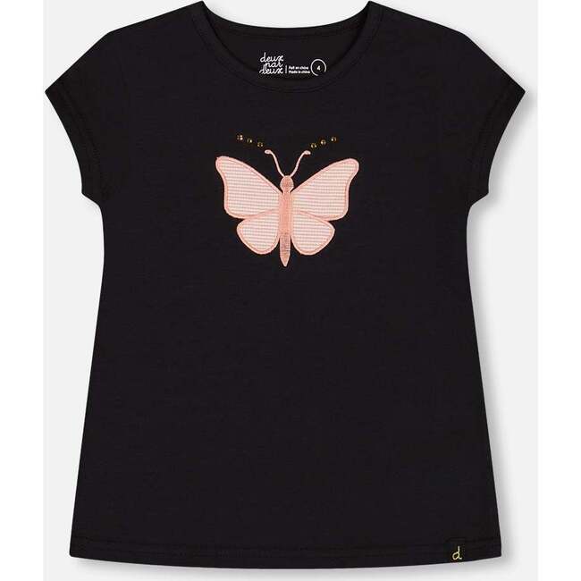 Organic Cotton Top With Applique, Black And Pink Butterfly