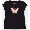 Organic Cotton Top With Applique, Black And Pink Butterfly - T-Shirts - 1 - thumbnail