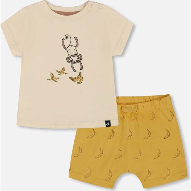 Organic Cotton Top And Short Set, Yellow Bananas And Off-White