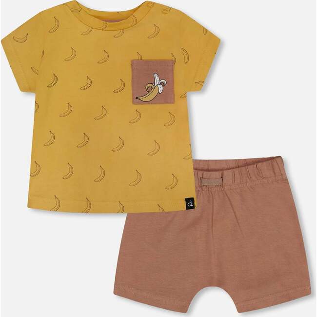 Organic Cotton Top And Short Set, Brown, Yellow, And Bananas