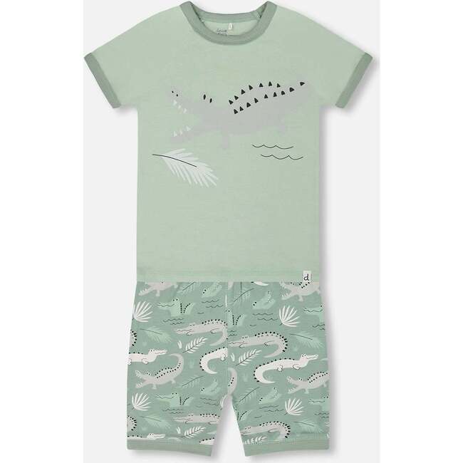 Organic Cotton Two-Piece Short Pajama Set, Light Sage And Gray Crocodile - Pajamas - 1