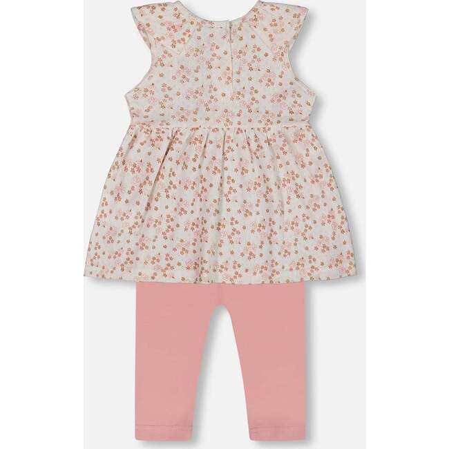 Organic Cotton Tunic And Leggings Set, White With Pink Flowers - Mixed Apparel Set - 4