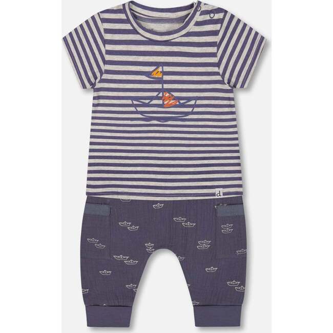 Organic Cotton Top And Muslin Pant Set, Striped Navy - Mixed Apparel Set - 1