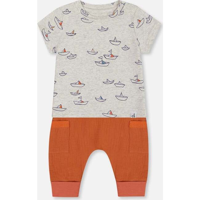 Organic Cotton Top And Muslin Pant Set, Heather Grey With Little Paper Boat