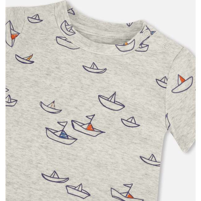 Organic Cotton Top And Muslin Pant Set, Heather Grey With Little Paper Boat - Mixed Apparel Set - 3