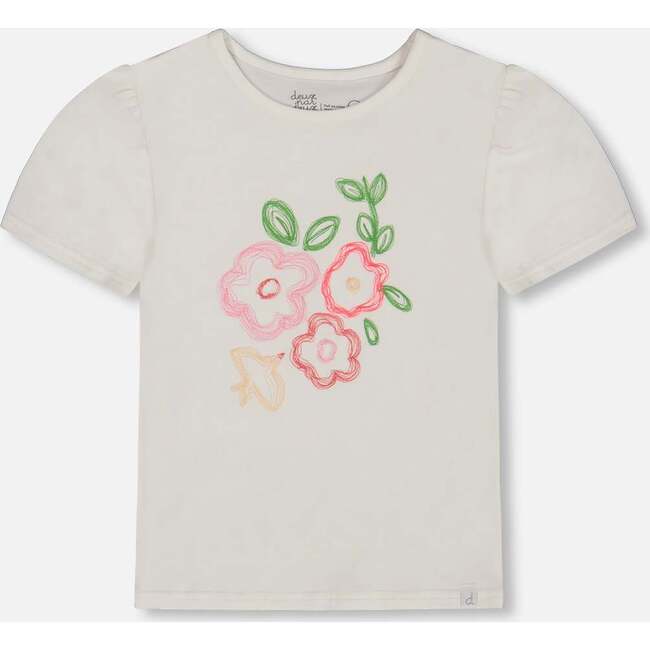 Organic Cotton Tee With Puff Sleeve, Pink Flower On White Background