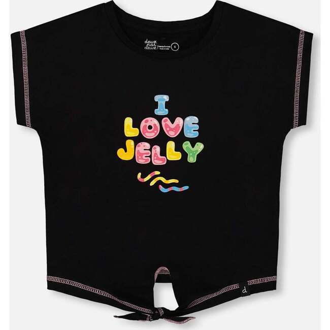 Organic Cotton Tee With Print And Knot, Black And Multicolored