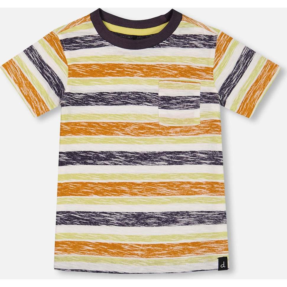 Organic Cotton Tee, Navy Striped, Orange And Lime Green - T-Shirts - 1